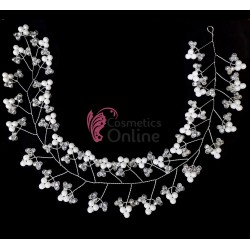 Accesoriu modern pentru decor par WED50 Argintiu cu strasuri si perle alb-Crem de 35cm